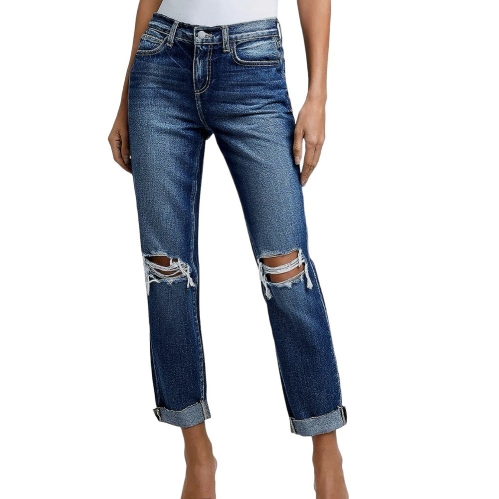 L’AGENCE Olga Cuffed Distressed Cigarette Jeans Size 27 Medium Wash